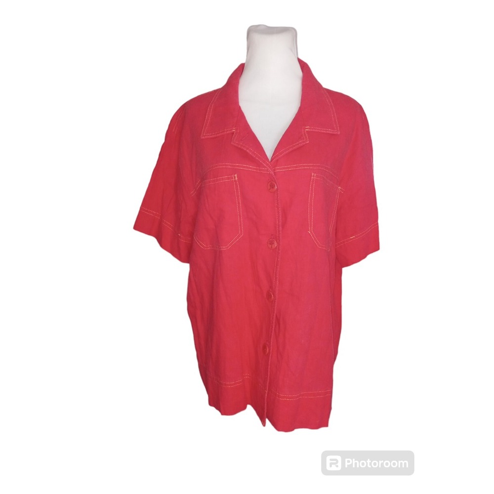 HEARTS of PALM Shirt Linen  Sz 16  Red Pink  Bust Pockets Button Beach Lagenlook